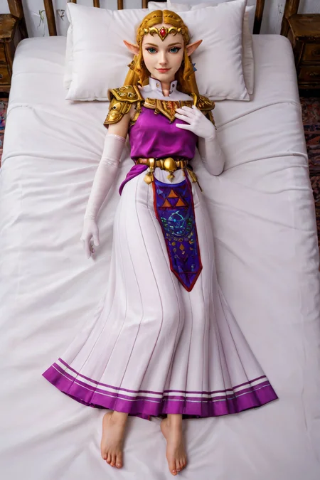 zPDXL2, <lora:OoTZeldaSDXL:.7>
princess zelda, dress, elbow gloves, long skirt, pelvic curtain, feet, looking at viewer, seductive smile, lying, on bed, pillow, from above, sexy pose,