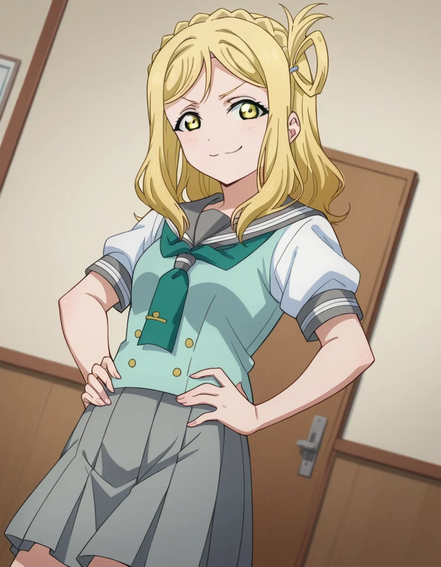score_9, score_8_up, score_7_up, source_anime, <lora:mari-ohara-s2-ponyxl-lora-nochekaiser:1>, mari ohara, long hair, bangs, blonde hair, hair ornament, yellow eyes, braid, medium hair, hair rings, crown braid,, skirt, school uniform, short sleeves, pleated skirt, serafuku, socks, neckerchief, kneehighs, black socks, green neckerchief, grey skirt, uranohoshi school uniform,, indoors, smug, smile, looking at viewer, solo, hands on hips,, cowboy shot, dutch angle