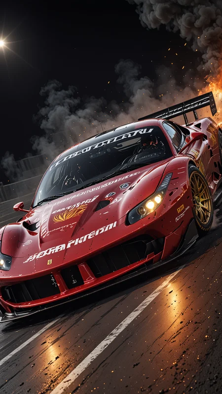 dynamic angle, masterpiece, award winning picture, Ferrari DTM car racing, Fire, at night, futuristic background, hyper detailed, intricate, poster, artstation, epic, ultra detail, intricate details, UHD (Use Dream Diffusion Secret Prompt), Hendra Data, Pandora Palette, Epic, UHD <lora:Any_Car_Detailer_-_By_DICE:0.75>