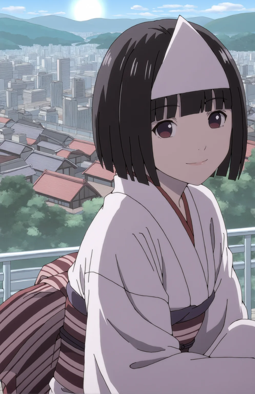 NoraMizu. 1girl, black hair, short hair, bangs, triangular headpiece, japanese clothes, white kimono, obi, sash, long sleeves, face focus, looking at viewer, front view, japanese city, backgroundd, day, sun, portrait, squatting, smile
