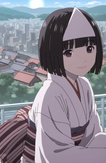 NoraMizu. 1girl, black hair, short hair, bangs, triangular headpiece, japanese clothes, white kimono, obi, sash, long sleeves, face focus, looking at viewer, front view, japanese city, backgroundd, day, sun, portrait, squatting, smile