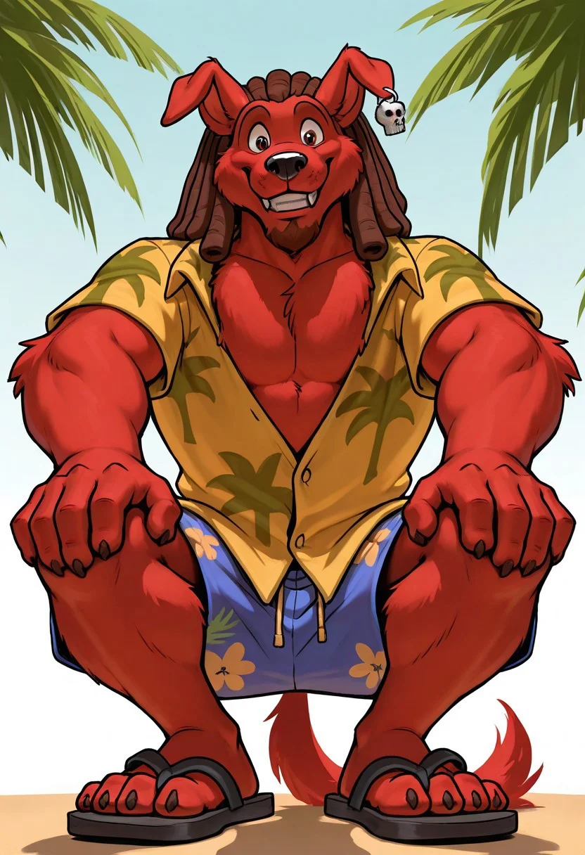 masterpiece, ultra detailed, amazing quality, absurdres, very aesthetic, no humans, solo focus, male focus, furry male, 1boy, from below,
d_w0lf_mon, red fur, red body, body fur, elbow tuft, brown hair, dreadlocks, brown eyes, long snout, black nose, single earring, skull earring, smile, fangs, looking at viewer, grin, teeth, wide-eyed, facial hair, chin tuft, wrinkles, mature male, droopy ears, muscular, chest tuft, pectoral cleavage, yellow shirt, collared shirt, hawaiian shirt, palm tree print, short sleeves, partially unbuttoned, blue shorts, swimming trunks, floral print shorts, leaning forward, squatting, looking down,, finger claws, tail, sandals, toe claws, perfect hands, perfect feet, 5 fingers, 4 toes, looming, low-angle view, outstretched arm, reaching towards viewer, hand on own knee,
BREAK
simple background, gradient background, perfect lighting, shadow,