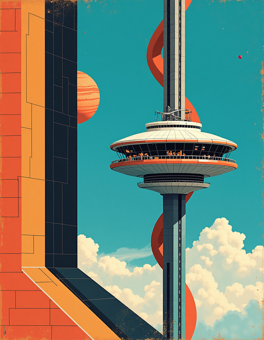 abstract art by Hans Hofmann and Paula Scher, A detailed digital illustration of a space elevator in motion, featuring a surreal fusion of architecture and nature. The focus is on the intricate design of the elevator, with a clear blue sky and a distant planet forming an enigmatic loop in the middle of the frame, while the absence of human figures makes the detail of the structure more abstract., Abstract expressionist painting, bold colors, dynamic compositions, exploration of form and space, postmodernism, typography, map design, bold colors, graphic simplicity, playful