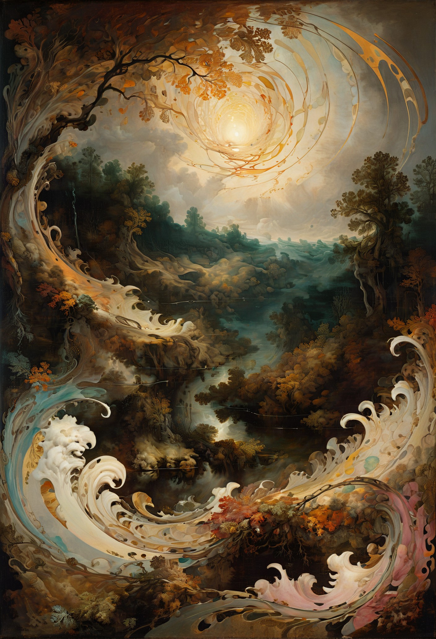 <lora:sdxl\xl_more_art-full_v1>landscape art by Rembrandt van Rijn, a canvas filled with swirling shapes and patterns fills the frame, with distorted lines and colors that seem to pulse and twist in response. The shapes are abstract, but instead of just being real and lifelike, they form an infinitely beautiful landscape, Fall, Very wide view, avant-garde themes, Romanticism, Sci-fi, mandola