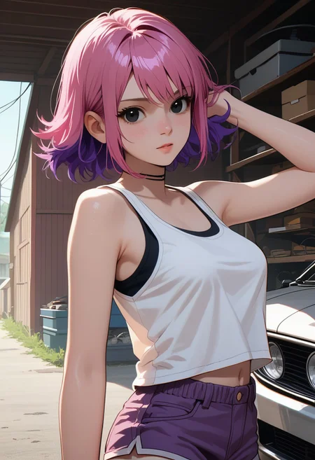 zPDXL3, score_9, score_8_up, score_7_up, score_6_up, score_5_up, score_4_up, 
1girl, medium breasts, 
tank top, shorts, skindentation, 
garage, 
ramona flowers, two-tone hair, pink hair, purple hair, black eyes, spramona,