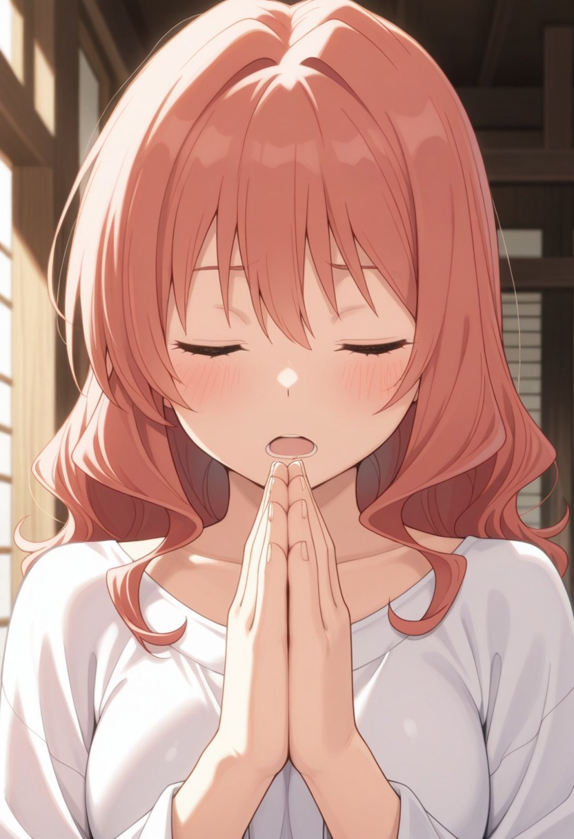 masterpiece,best quality,amazing quality, yuna amagami, coral hair, long hair, red eyes, 1girl, closed eyes, solo, blush, open mouth, praying, own hands together, hair down