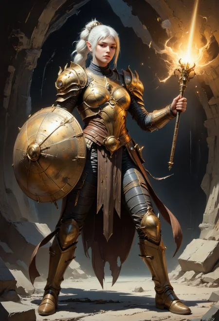 detailed photorealistic image, Sh4d0wh34rt , wearing armour with fine gold engravings, white hair, holding glowing radiant mace with her right arm, with left arm she is holding a decorated shield with moon engraving, dynamic pose, fantasy cave in backround, dark contrast ,(oil painting), in (ukiyo-e style:0.8), (by Edgar Degas:1.1), (by Pierre-Auguste Renoir:0.7), (by Claude Monet), (by Vincent Van Gough:1.2) , directional lighting, masterpiece, perfect composition, perfect hands <lora:ARTifacts:0.8> ,