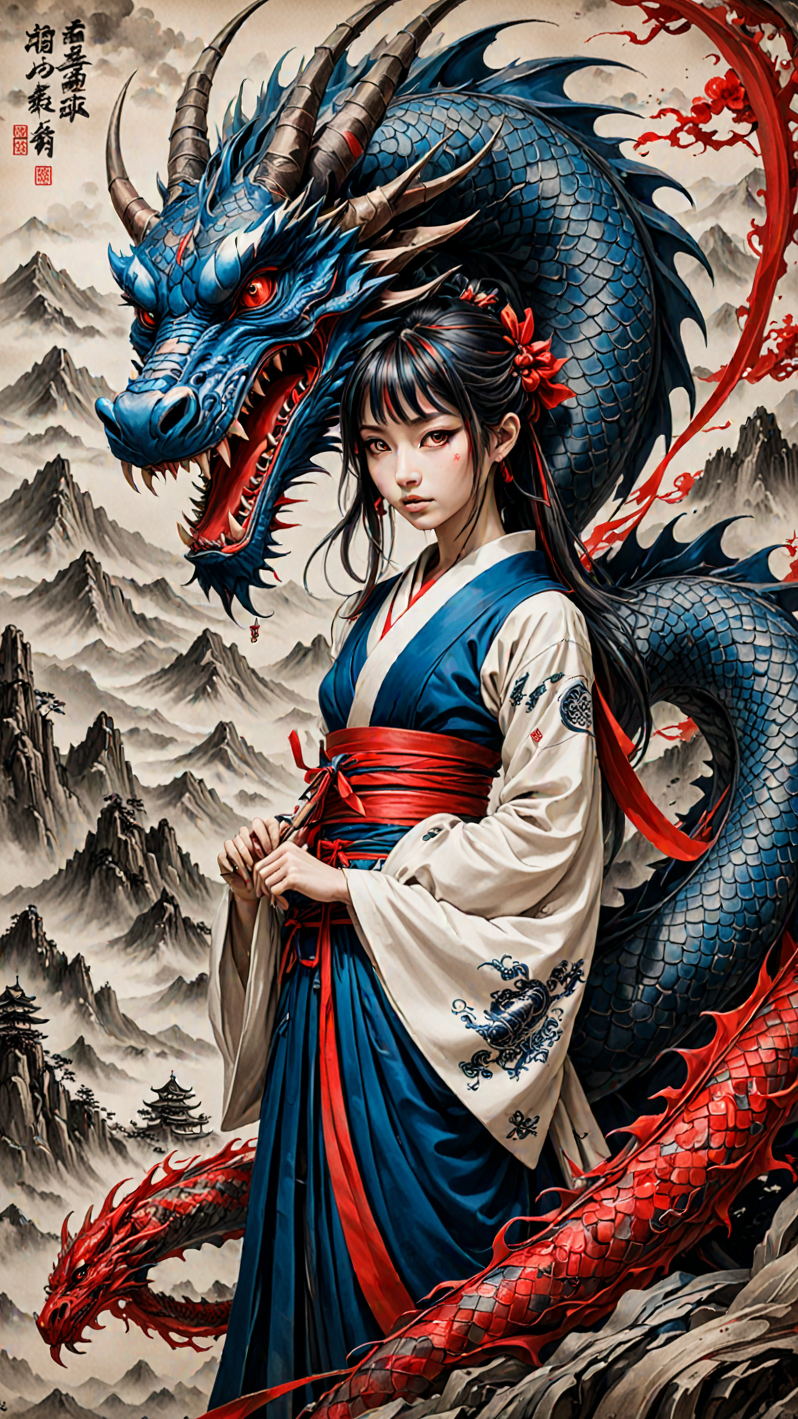 (ULTIMATE Japanese style, INK WASH). on parchment,  Black and White, dragon girl, mountains, (japanese Writing in Red and Blue), trending on ArtStation , intricate details, masterpiece, best quality, (Use Dream Diffusion Secret Prompt), (Epic), <lora:3D_Framed_Wall_Art_-_By_DICE:0.6>, (Framed Dragon), UHD