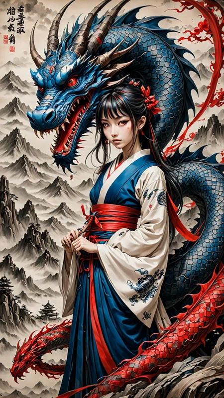 (ULTIMATE Japanese style, INK WASH). on parchment, Black and White, dragon girl, mountains, (japanese Writing in Red and Blue), trending on ArtStation , intricate details, masterpiece, best quality, (Use Dream Diffusion Secret Prompt), (Epic), <lora:3D_Framed_Wall_Art_-_By_DICE:0.6>, (Framed Dragon), UHD