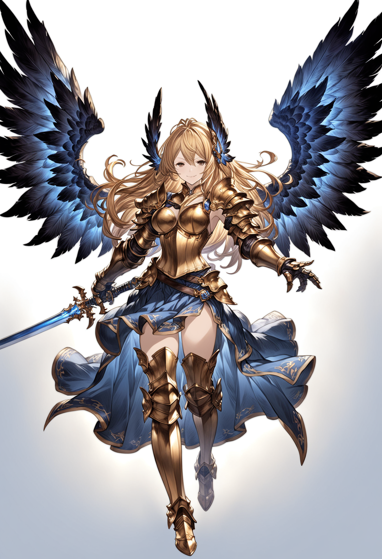 granblue_fantasy_style_xl, granblue, 1girl, armor, black_wings, blonde_hair, gold boots, feathered_wings, feathers, full_body, gauntlets, holding, holding_sword, holding_weapon, long_hair, looking_at_viewer, simple_background, single_wing, sheathed sword, skirt, smile, solo, spread_wings, standing, sword, thighhighs, weapon, white_background, wings, zettai_ryouiki,
shaded face, intricate detail, cinematic lighting, amazing quality, amazing shading, detailed Illustration, official artwork, wallpaper, extremely detailed eyes and face, beautiful detailed eyes, ((masterpiece, best quality)),
<lora:granblue_fantasy_style_xl:0.8>