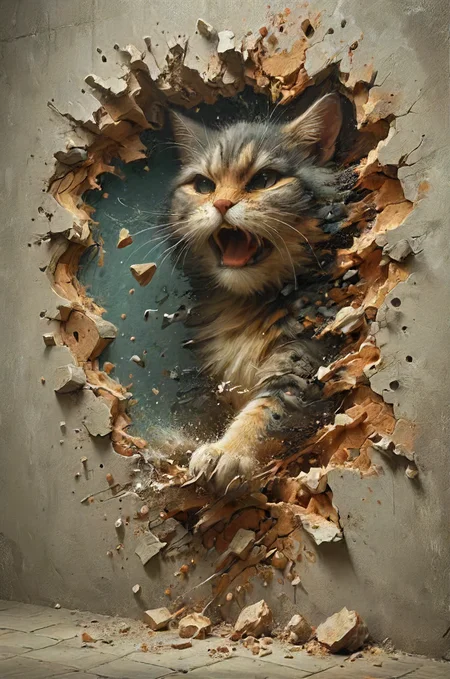 a sneezing angry cat ripping the wall apart because the color sucks! , <lora:Emergence:0.5>, <lora:Street_Art:0.6>, <lora:ral-dissolve:0.8>,  <lora:SDXL - Style - EldritchRomanceIllustration1.3.1:0.4>, <lora:- SDXL - vanta-black_contrast_V3.0:0.2> <lora:20240322-1711051399194:0.4>  <lora:SDXL - Style - pixel_art_3drender:0.7> <lora:Fantasy_Monsters_XL:0.4>