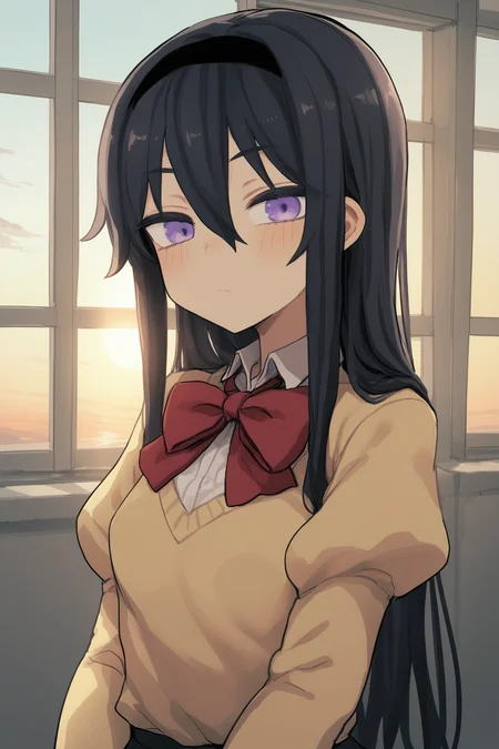 score_9, score_8_up, score_7_up, score_6_up, score_5_up, score_4_up, source_anime, <lora: Deadflow_Style:1>, deadflow style, akemi homura, 1 girl, black hair, (purple eyes:1.2), mitakihara school uniform, long sleeves, black hairband, sunset, evening, window, puffy sleeves, juliet sleeves, bowtie, red bowtie, bangs, hair between eyes, shirt, collared shirt, very long hair, yellow sweater, looking at viewer, emotionless, small breasts, indoors