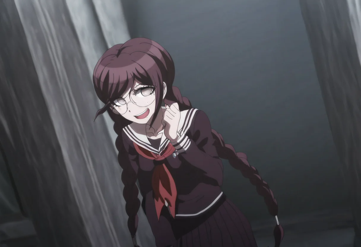 (((solo))), masterpiece, best quality, very aesthetic, modern, modern anime, newest, absurdres, highres, waist shot , loving expression , (((solo))),danganronpa_(series),<lora:Toko_Fukawa_Illustrious:1>, This is an anime screencap from Danganronpa 3. Toko Fukawa sits in the school courtyard, peeking over the top of a massive dictionary she's hiding behind. Her eyes follow Byakuya as he walks past, while her hand automatically writes in her notebook without looking, the pages filling with lovestruck poetry. Toko Fukawa wearing her uniform from Danganronpa 1. She has long dark purple hair in two braids, gray eyes and large round glasses. Her large, dark grey glasses are slightly crooked at an angle. Her uniform is a dark purple Japanese school uniform. The uniform has long sleeves, a collared shirt with a red ribbon and a long skirt with the school crest on the upper left sleeve. A red ribbon is tied around the collar of her shirt.