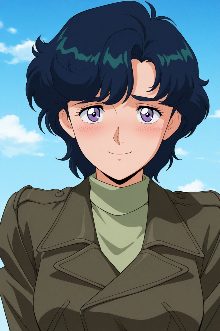 masterpiece, best quality, source_anime,official art,perfect_anatomy,retro_artstyle, 1girl,Elischa,purple eyes,blue hair,short hair,jacket,turtleneck,(beautiful detailed face,looking_at_viewer,shy,blush,smile,in heart),upper body,day,blue_sky,cloud