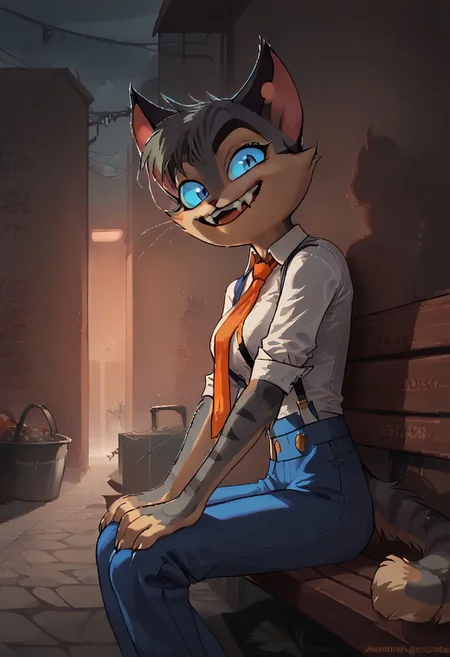 score_9, score_8_up, score_7_up, yamer_pixel_fusion, pixel art,female, hires, hyper-detailed, d3p1x3l, pixel art,real life,Rocky,genderbend,female,girl,aged down,young,aged difference,blue eyes,blue pupils,striped fur, striped, pointed ears, eyebrows, ,mouth closed,eyelashes,smiling, yellow markings, grey body, grey fur, tail, long tail, blue sclera, black ears, cat ears, black cat ears, (female anthro cat:1.3), furry anthro, big breast,slim,skinny,((solo)),
blue pants, blue baggy trousers,suspenders, white collared shirt, white shirt, blue suit, orange tie,
crazy expression, hands,hands on thigh,clothed, posing, front, seductive pose, seductive smile, looking at viewer, sitting on bench,one legs on bench,legs down,
BREAK
outside, alley, brick wall, ambient light, shadows, cinematic, 1920's esthetic,side view