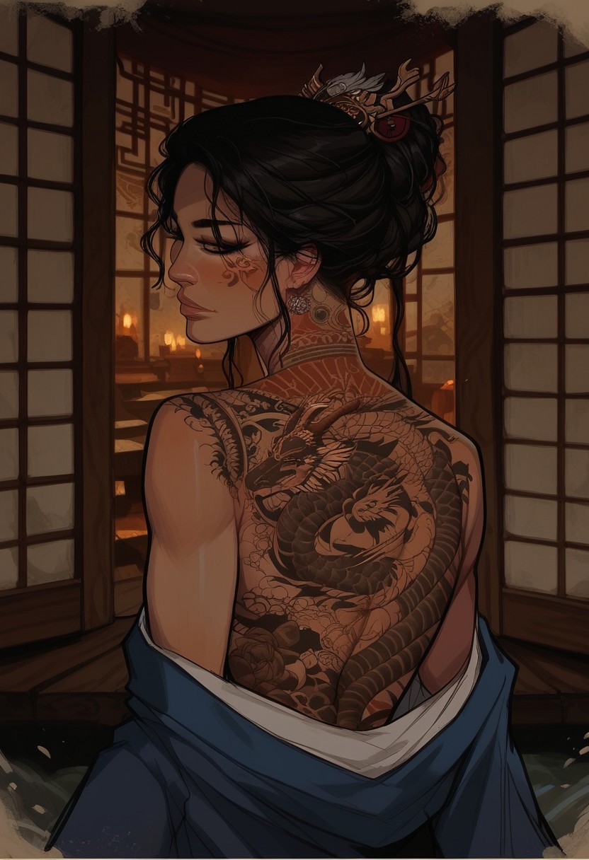 score_9, score_8_up, score_7_up, western cartoon, (((1girl, Asian,cheekbones, attractive woman,bare shoulders,seductive, Long Hair, Fine Hair, black hair, intricate hair style,))), in a Japanese bathhouse, inside, light skin, looking back, back tattoo, tattoo on back, tattoo extended to arms, upper body, hannya tattoo, back tattoo, view from behind, kimono, black and grey tattoo, dragon tattoo on back, dragon tattoo,