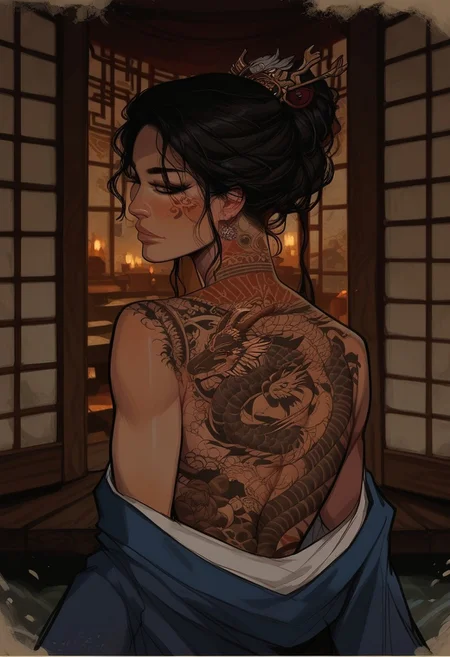 score_9, score_8_up, score_7_up, western cartoon, (((1girl, Asian,cheekbones, attractive woman,bare shoulders,seductive, Long Hair, Fine Hair, black hair, intricate hair style,))), in a Japanese bathhouse, inside, light skin, looking back, back tattoo, tattoo on back, tattoo extended to arms, upper body, hannya tattoo, back tattoo, view from behind, kimono, black and grey tattoo, dragon tattoo on back, dragon tattoo,
