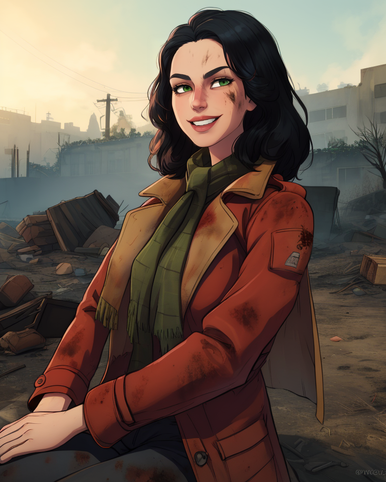 piper,black hair,green eyes,
red overcoat,dirty  scarf,smile,
sitting,upper body,
news station,post post-apocalypse,
(insanely detailed,  masterpiece, best quality),<lora:piper:0.7>,