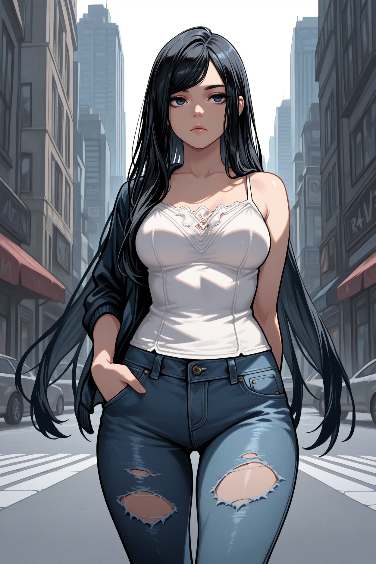masterpiece, best quality, 1girl, solo, <lora:sbraven-illu-nvwls-v1:1> r4ven, black hair, swept bangs, very long hair, dark blue eyes, medium breasts, lips, white camisole, single shoulder, blue jeans, torn jeans, hand in pocket, lips, arms behind back, city, expressionless