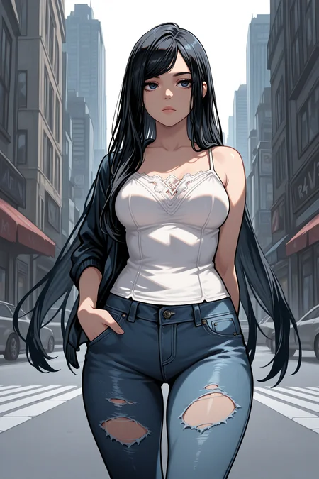 masterpiece, best quality, 1girl, solo, <lora:sbraven-illu-nvwls-v1:1> r4ven, black hair, swept bangs, very long hair, dark blue eyes, medium breasts, lips, white camisole, single shoulder, blue jeans, torn jeans, hand in pocket, lips, arms behind back, city, expressionless