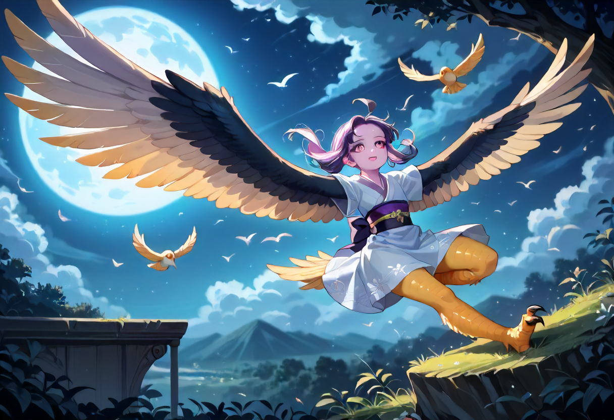 best resolution,score_9,score_8_up,score_7_up,score_6_up,score_8,score_7,score_6,best quality,masterpiece,source_anime,1girl,solo,kawaii,cute,winged_arms,A majestic harpy with dark feathers and glowing red eyes,wearing black japanese kimono,flying soaring through a stormy night sky.moonlight, starlight, firelight,wise,moonlit night sky,wind,cowboy shot,focus on face,dynamic shot, Expressiveh,eyesHD,high gradient eyes,detailed eyes,high definition eyes, <lora:Eyes_High_Definition:0.25> <lora:Expressive_H:0.75> <lora:winged_arm_style:0.85>