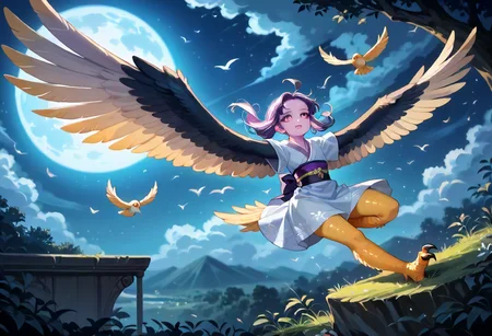 best resolution,score_9,score_8_up,score_7_up,score_6_up,score_8,score_7,score_6,best quality,masterpiece,source_anime,1girl,solo,kawaii,cute,winged_arms,A majestic harpy with dark feathers and glowing red eyes,wearing black japanese kimono,flying soaring through a stormy night sky.moonlight, starlight, firelight,wise,moonlit night sky,wind,cowboy shot,focus on face,dynamic shot, Expressiveh,eyesHD,high gradient eyes,detailed eyes,high definition eyes, <lora:Eyes_High_Definition:0.25> <lora:Expressive_H:0.75> <lora:winged_arm_style:0.85>