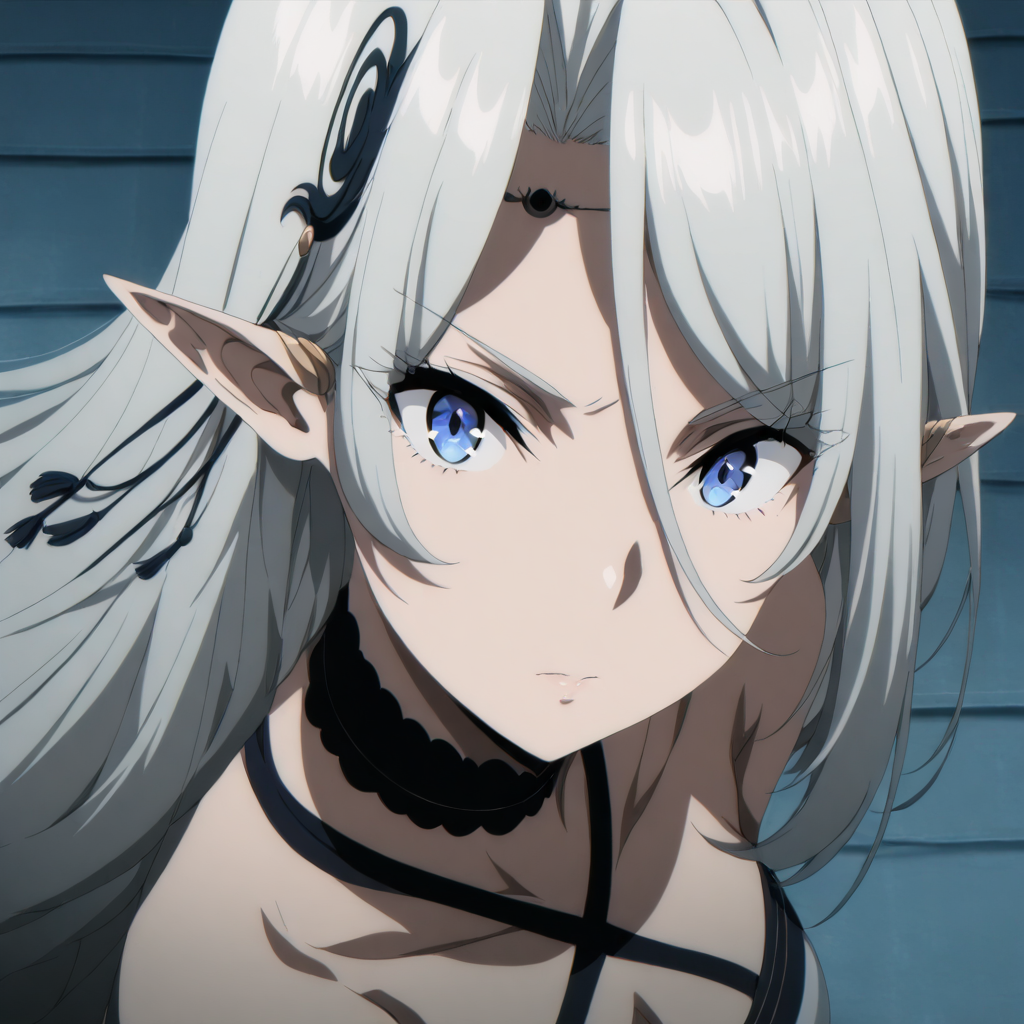 solo,anime coloring,looking at viewer,masterpiece,high score,great score,absurdres,<lora:Beatrix ag4o:1> beatrix, grey hair, long hair, pointy ears, blue eyes,