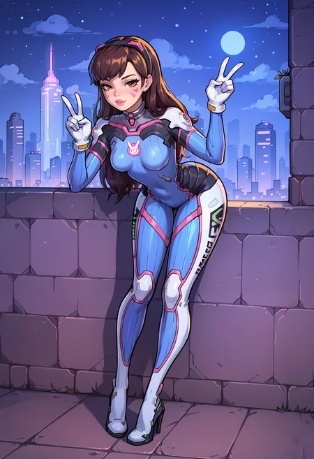 score_9, score_8_up, score_7_up, d.va from overwatch, ultra high quality, 1girl, 18 years old, perfect girl, fit, skinny body, slim waist, slender, bodysuit, bodysuit, long hair, night, city, skyline, petite body, high heels, full body, full lips, seductive, open hair, narrow hips, leaning forward, v sign, front view,  zPDXL3  <lora:AkaburV2_PDXL:0.3> <lora:OldAnimeStyle_XL_v3:0.4> <lora:princess_xl_v2:0.6>