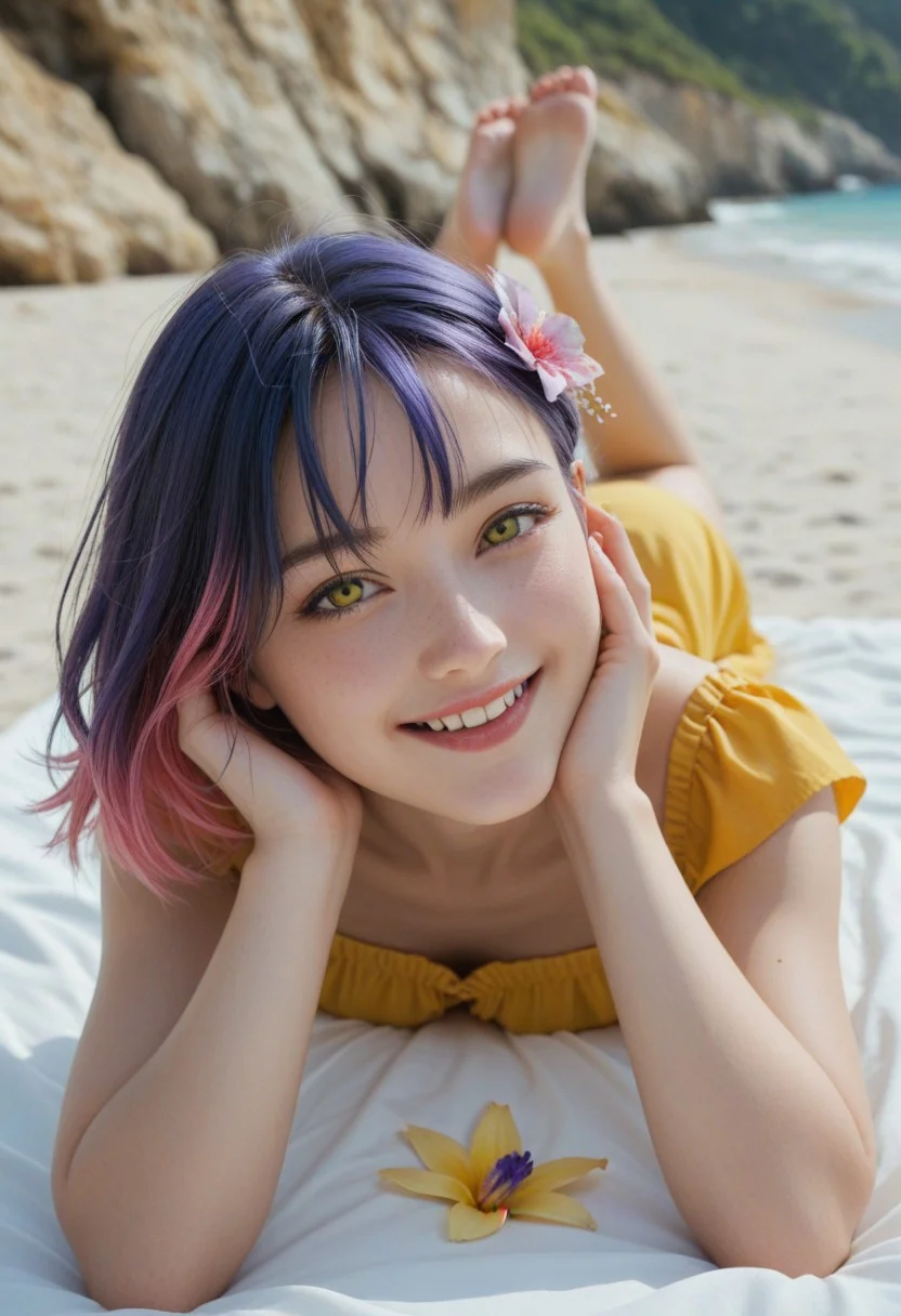 score_9_up, score_8_up, score_7_up, score_6_up, 1girl, solo, 25 years old, perfect face, (adult), sexy,
yellow eyes,
medium hair, multicolored hair, pink hair, purple hair, blue hair, hair flower, bangs,
yellow sundress, sleeveless dress, strapless dress,
the pose, on stomach, feet up, lying, soles, legs up,
smile, happy, enjoy,
beach