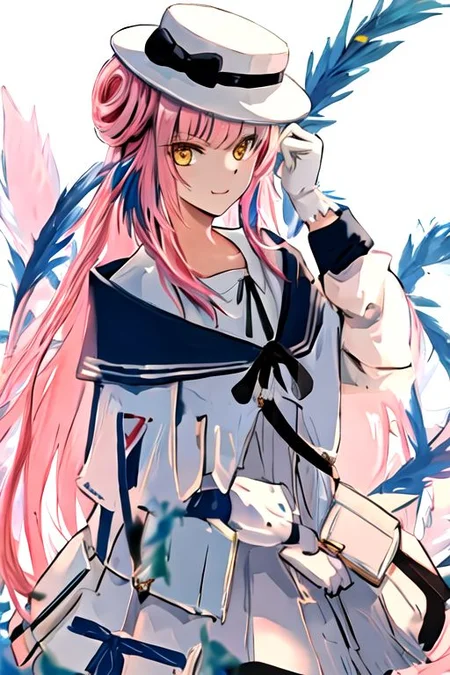 solo_focus, 1girl, ((white background, simple background)):2, (((masterpiece))), ((best quality)), ((ultra-detailed)), high resolution, absurdres, highres, ultra-detailed 8k unity wallpaper,
ceylon_arknights, long_hair, bangs, pink_hair, feather_hair, feathers, hat, white_headwear, yellow_eyes, blue_feathers, bow, hair_bun, hat_bow, smile, black_bow