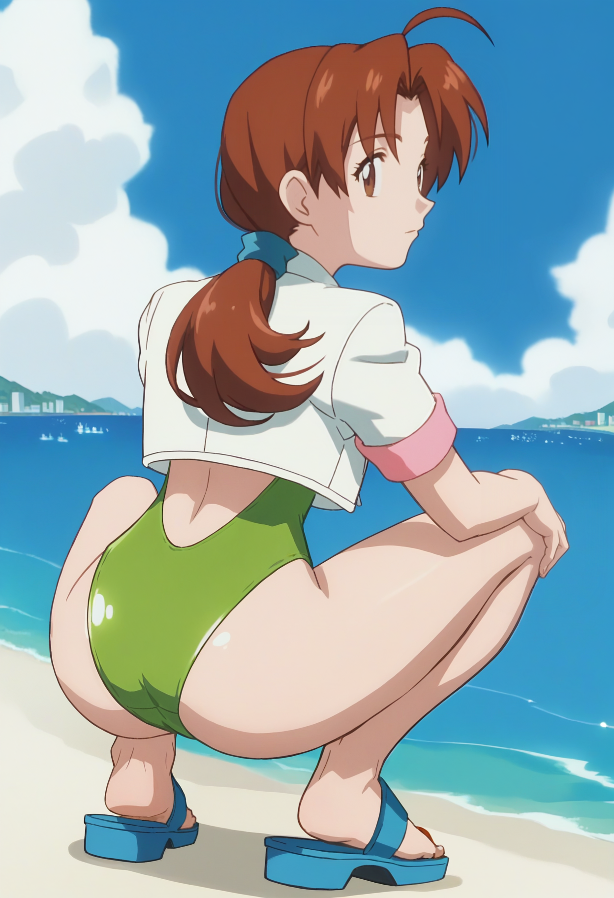 score_9, score_8_up, score_7_up, score_6_up, anime screencap, anime coloring, <lora:PMDeliaK_epoch_10:0.8>, PMDeliaK, 1girl, solo, brown hair, ponytail, ahoge, long hair, parted bangs, brown eyes, hair tie,
cropped jacket, white jacket, open jacket, swimsuit under clothes, green one-piece swimsuit, sandals, 
squatting, looking back, looking at viewer, ass, ass focus, hands on own knees, 
BREAK, beach, sunbeam, day, cloud, cityscape,