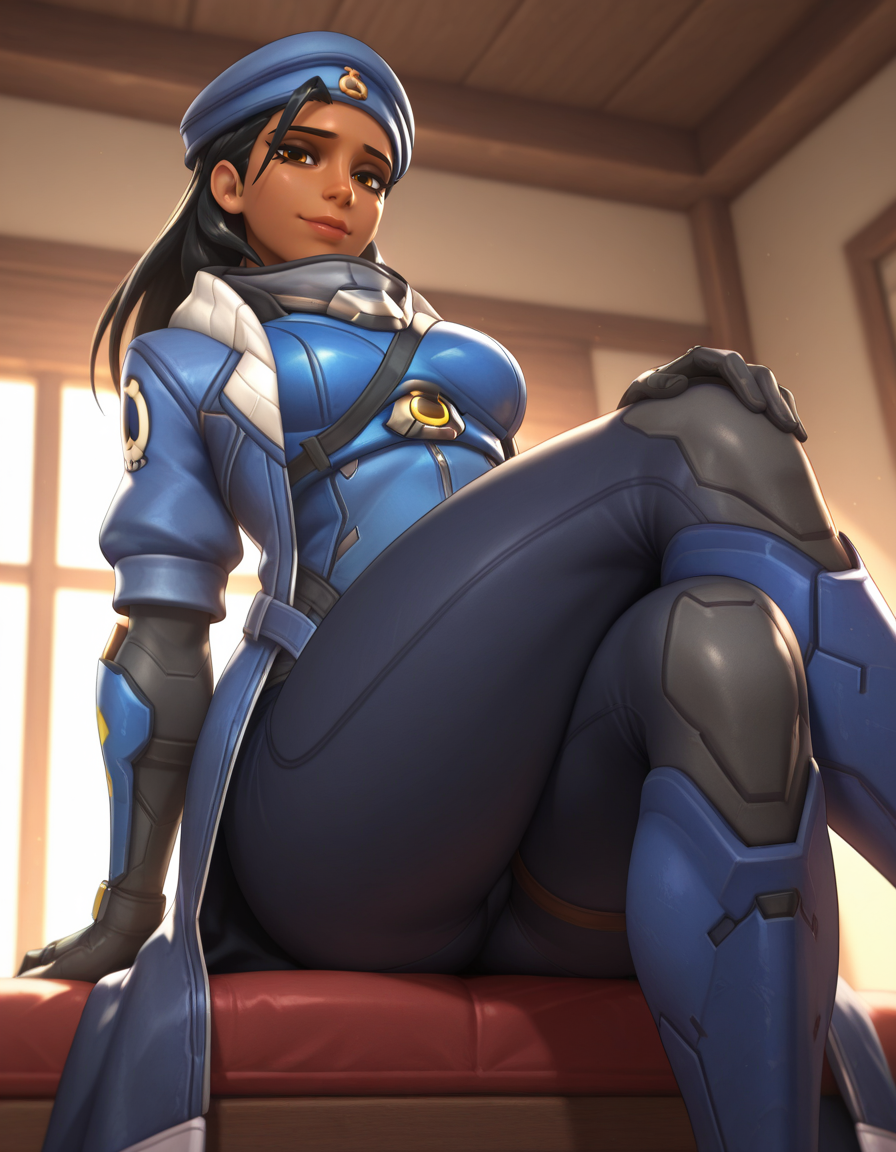 Masterpiece, high-res, 2k, best quality, 2.5d, 1girl,  cpt amari, ana (overwatch) , eye of horus <lora:cpt_amari_illus-000040:1> Legs crossed