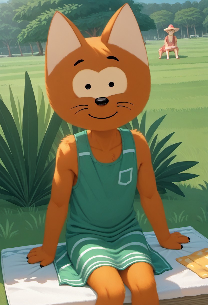 score_9, score_8_up, score_7_up
day time, natural light, detailed sun rays, summer, daytime, highly detailed background, park, break
cat anthro, male cat, orange fur, BREAK
sitting on picnic towel, upper angle view, smile, lookimg at viewer