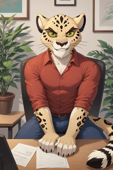 <lora:MakuchaPony-10:1>,score_9, score_8_up, score_7_up, male, Makucha, leopard, green eyes, yellow sclera, solo, anthromorphic body, detailed background, detailed background, Expressive, paws, paw_pads, solo, smile, (looking at viewer:1.3), sitting, in a chair, at a desk, office, red shirt, dark blue pants, buff, close up