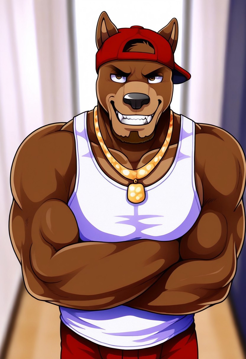 <lora:FletcherV1:1>, fletcher, dog boy, pitbull, brown fur, short hair, facial hair, tail, brown eyes, perfecteyes, muscular male, bara, athletic build, long torso, furry male, furry, 1boy, solo, beautiful, hyper-detailed, highres, depth of field, very aesthetic, vibrant colors, high sharpness, soft shading, dynamic angle, cinematic lighting, detailed background, white tank top, red shorts, backward red baseball cap, gold jewelry, necklace, close up, grin, fangs, cross arms, from above