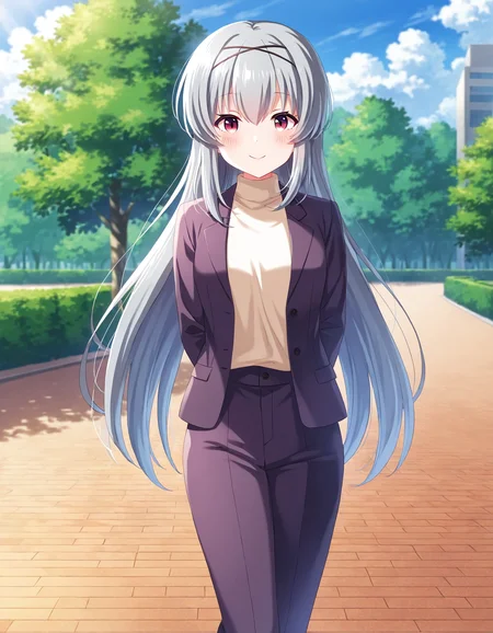 1girl, solo, cowboy shot, tendo rui, hairband, idoly pride, casual, suit, standing, arms behind back, looking at viewer, smile, blush, outdoors, park, day, BREAK, <lora:iRui:0.72>,
very aesthetic, high definition, amazing quality, masterpiece, best quality, highres, absurdres, sensitive, newest, anime screenshot, screencap