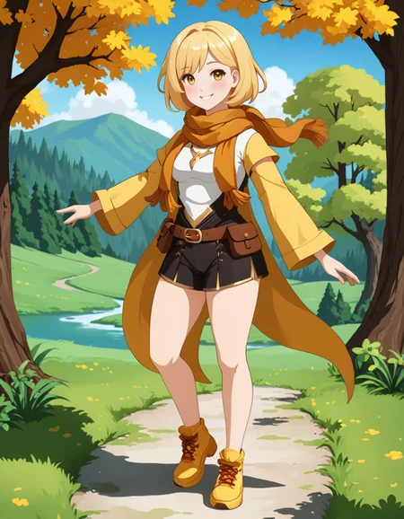 OneStepFromEdenStyle, 1girl, wide_hips, blush}, solo, outdoors, [amber] scarf, [jade] eyes, [yellow] hair, smile, full_body, high_fantasy, yellow footwear
 <lora:OneStepFromEdenStyle_Illustrious:1>