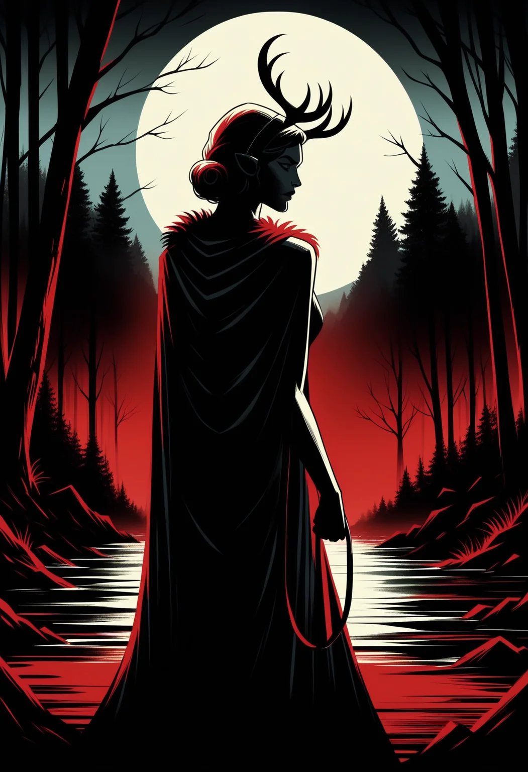 score_9, score_8_up,score_7_up, <lora:lnrnr_pdxl_EliPot_r1:1>, high contrast, shadow, red theme, limited palette, full moon, western comics \(style\),
,leash,holding,yakul,back,in_water,1girl,cape,night,forest,itsbabypears,hairband,mononoke_hime,skirt,horns,fur_cape,blue_skirt,nature,highres,elk,san_\(mononoke_hime\),holding_leash,short_hair,kodama,animal