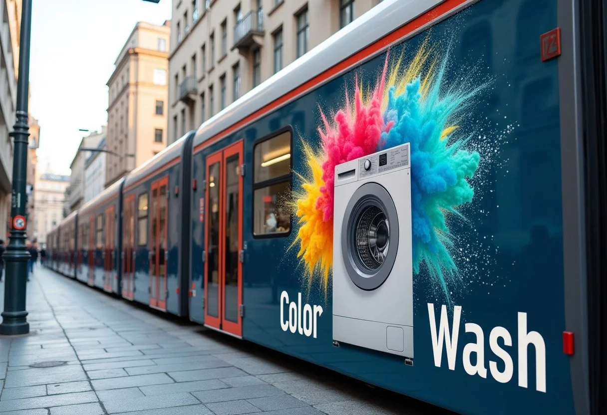 photography of a tram in a modern city. On the side of the tram, there is a large painted on advertisement showing a washing machine surrounded by an explosion of dust in all colors of the rainbow. A text under the washing machine says "Color Wash" in bold letters. The advertisement goes over the tram windows. The overall impression is bright and happy