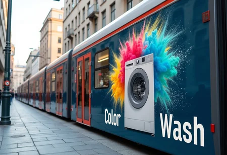 photography of a tram in a modern city. On the side of the tram, there is a large painted on advertisement showing a washing machine surrounded by an explosion of dust in all colors of the rainbow. A text under the washing machine says "Color Wash" in bold letters. The advertisement goes over the tram windows. The overall impression is bright and happy