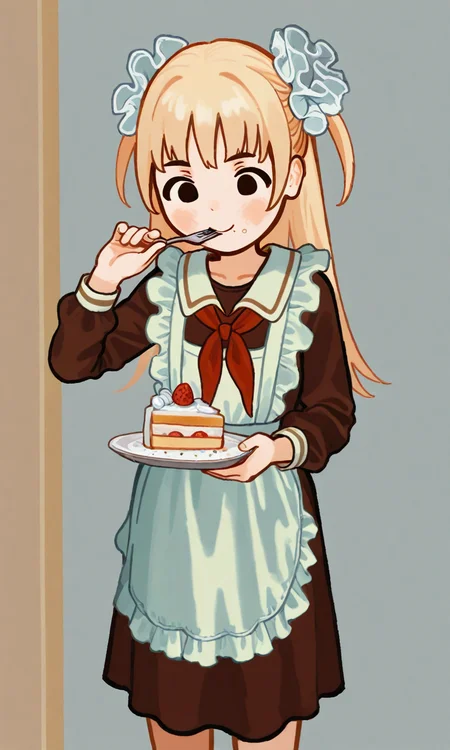 1girl, Nika, blonde, long hair, frilled apron, frilled hair scrunchie, red neckerchief, brown dress, eating cake,