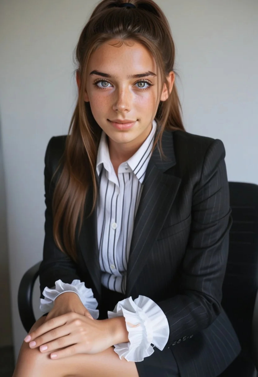 28yo girl Y4SM1N3, (big boobs), long brown hair, freckles, wearing business coat over a white ruffle shirt, black-pencil-skirt, sit and alluring in office