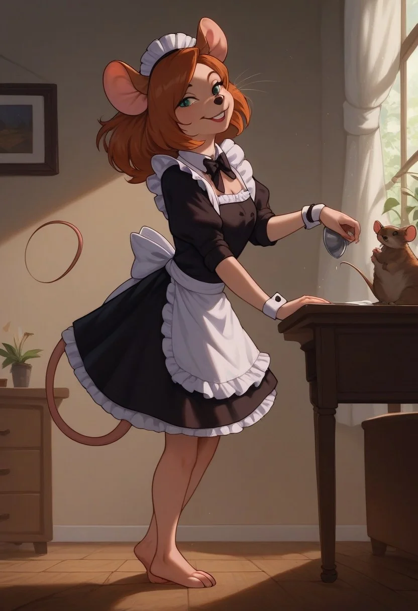 score_9, score_8_up, score_7_up, score_6_up, score_5_up, score_4_up, detaied background, indoors, (rich appartments:1,4),
Mouse girl, feral Mouse, feral, mouse ears, Mouse nose, Mouse tail, one tail, feral Mouse feet, feral Mouse legs, Desiree, wearing black Maid outfit, solo, standing, smile, Black nose, leaning the table