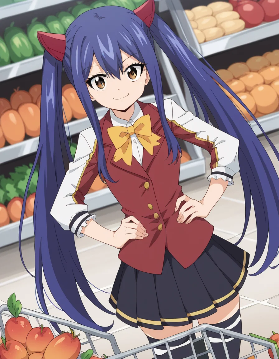 score_9, score_8_up, score_7_up, source_anime, <lora:wendy-marvell-100yq-ponyxl-lora-nochekaiser:1>, wendy marvell, long hair, hair ornament, ribbon, hair between eyes, twintails, brown eyes, very long hair, blue hair,, skirt, thighhighs, bow, ribbon, pleated skirt, black thighhighs, bowtie, black skirt, zettai ryouiki, yellow bow, yellow ribbon, grocery store, shopping cart, picking fruits, everyday life, , smile, , smug, hands on hips,, solo,, dutch angle,