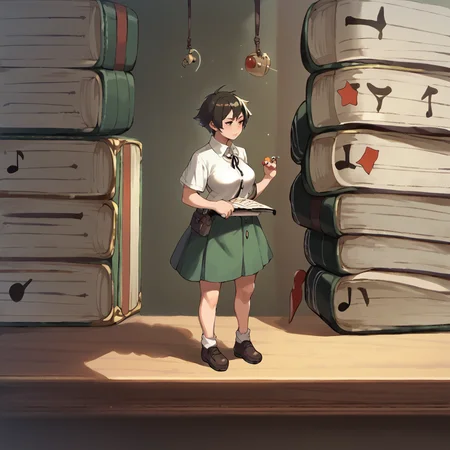 on a table, tiny person, medium breasts, <lora:mini-people:1> (((minipoeple, minigirl,))) standing next to books, large breasts, solo, 1girl, large books stacked in the background, short tomboy hair, standing on a note pad <lora:RD-MAnon-XLV1.1:1>, source_anime, score_9_up, score_7_up, score_8_up