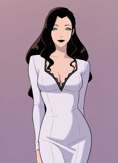 masterpiece, best quality, newest, absurdres, highres, 1girl, asami sato, green eyes, black hair, wavy hair, makeup, violet eyeshade, black lipstick, smile, long white dress, beautiful night, detailed, <lora:Anaxus-style-Illustrous:1.0>