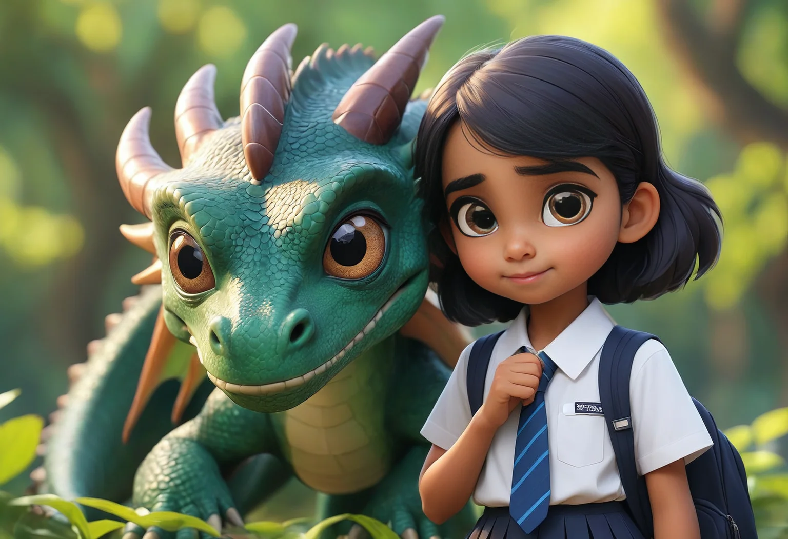 Indian schoolgirl petting her dragon, school uniform, bokeh, big eyes, cartoon style, (masterpiece, best quality, ultra_detailed, highres, absurdres:1.2)
