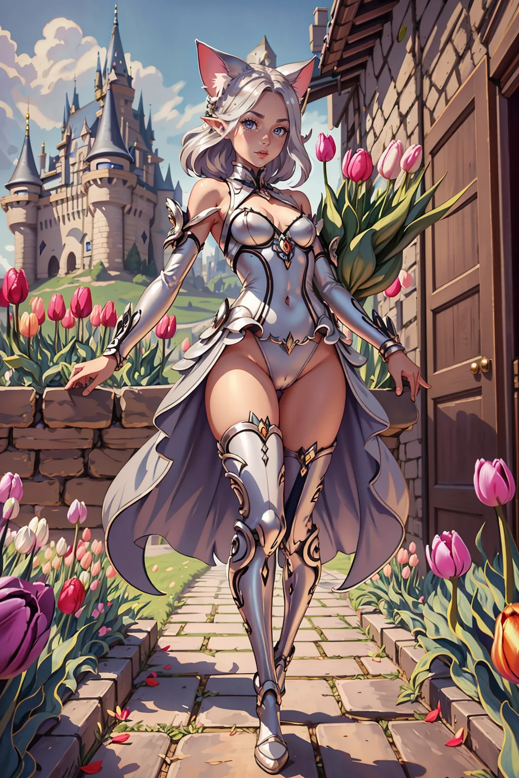 elf, (masterpiece), (best_quality), (ultra-detailed), (illustration), (welcoming), depth of field, 1girl, (tulip silver horizon walker kitty:1.3), (in a  castle:1.3), full body, , pose, [:sexy, seductive costume design:0.2], , (small breasts:1.5), tall, sexy toned perfect hourglass figure,(muscular legs:0.6), skindentation, (underwear:1.2), , official art, vivid color, finely detailed, hyper detailed, 8k, high resolution illustration, absurdres, intricate detail <lora:EnvyBeautyMix01:1>