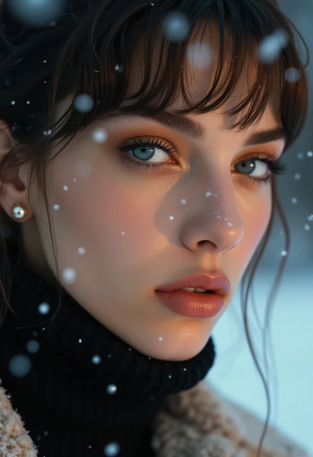 A close-up of a pale-skinned top model with blue eyes and black eyeliner, her lush lashes and lip gloss glistening. Snowflakes gently fall on her face as she exhales, visible breath in the cold. Side bangs hairstyle, wearing a cozy turtleneck and pearl dot earrings. Natural, soft, diffused side lighting casts a warm, amber glow, contrasting the dense shadows, and cold, blue tones of the snow, creating a moody, atmospheric shot. Ultra-detailed, with a raw 8k photo quality, film grain adds texture, and the color grading enhances the winter aesthetic. aidmafluxproultra