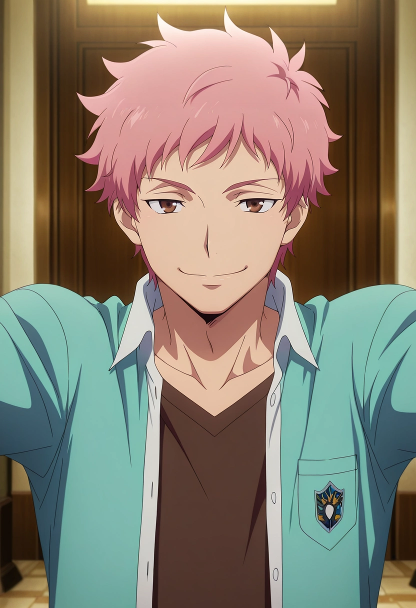 masterpiece, best quality, intricate details, anime screencap, anime coloring, official style, looking at viewer, 1boy, solo, male focus, <lora:renzou_shima_ilxl:0.92>, renzou_shima, pink hair, brown eyes, short hair, rule of thirds, park, indoors, light, outstretched arms, seductive smile,